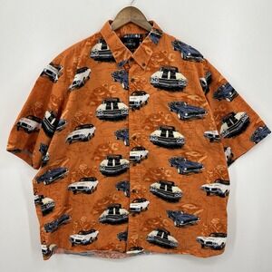RedHead Short Sleeve Button Shirt Men's 2XL Orange Classic Cars Hawaiian Vtg